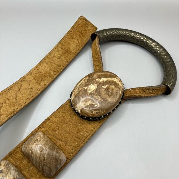 Women’s Belt Leather Stones Metal Artisan Unique Tan Velcro Adjustable 41” - Picture 2 of 9